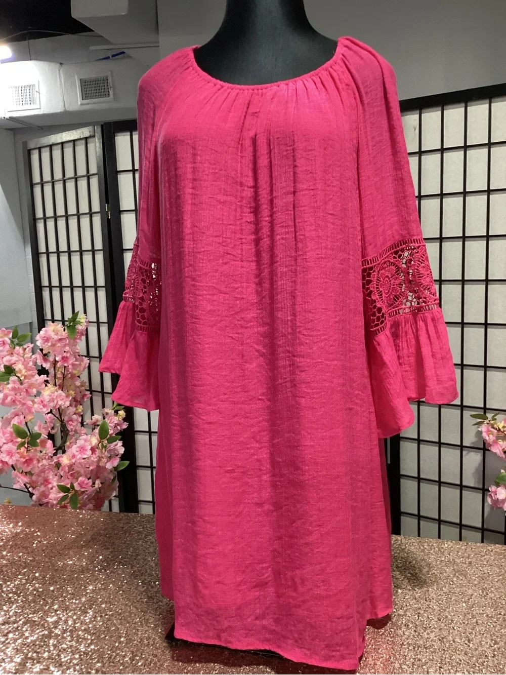 Bright Pink Women's Peasant Dress with Lace Bell Sleeves - Picture 4 of 7